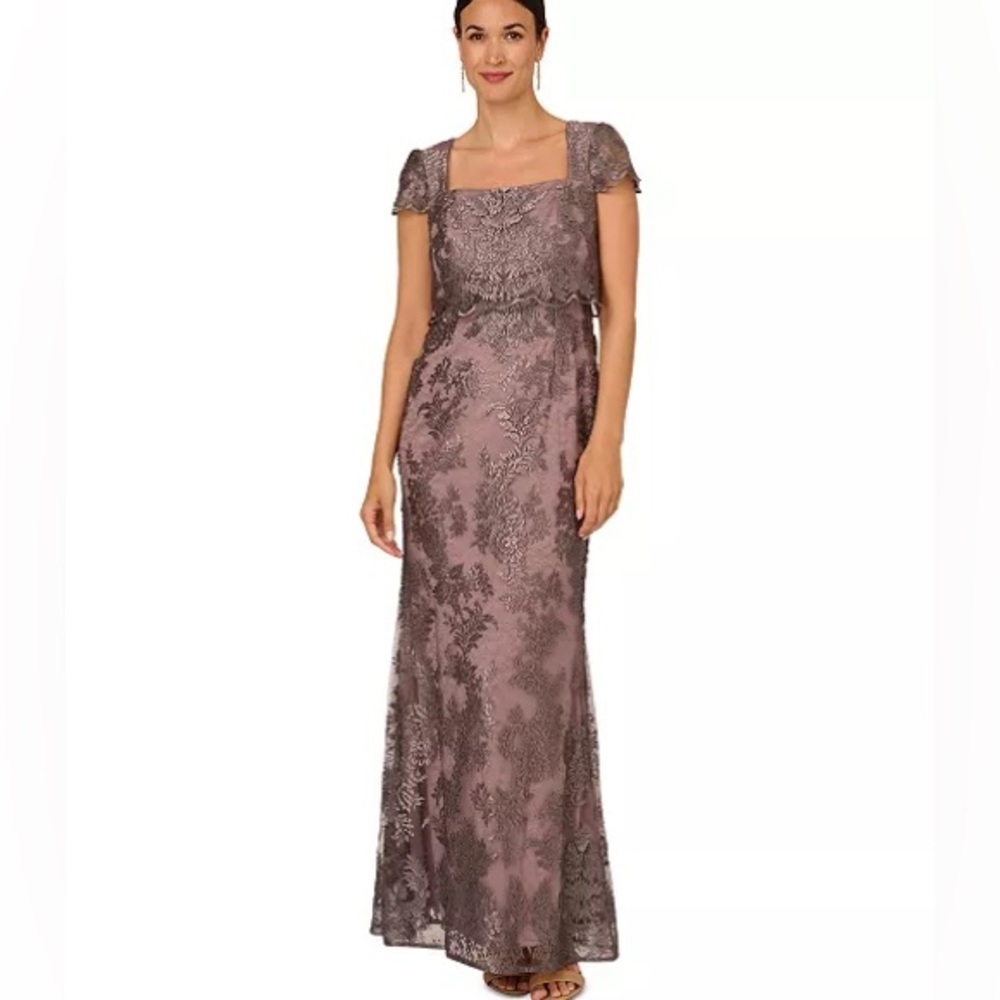 Adrianna Papell Night Shade Embroidered Popover Cap Sleeve Maxi Dress, Size 4
